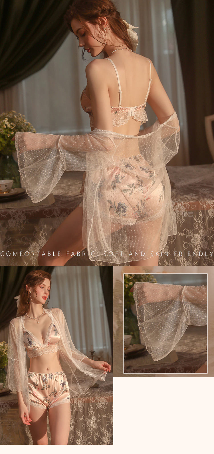 Sexy Tulle Lace Satin Robe Home Casual Bra Short Pants Set08