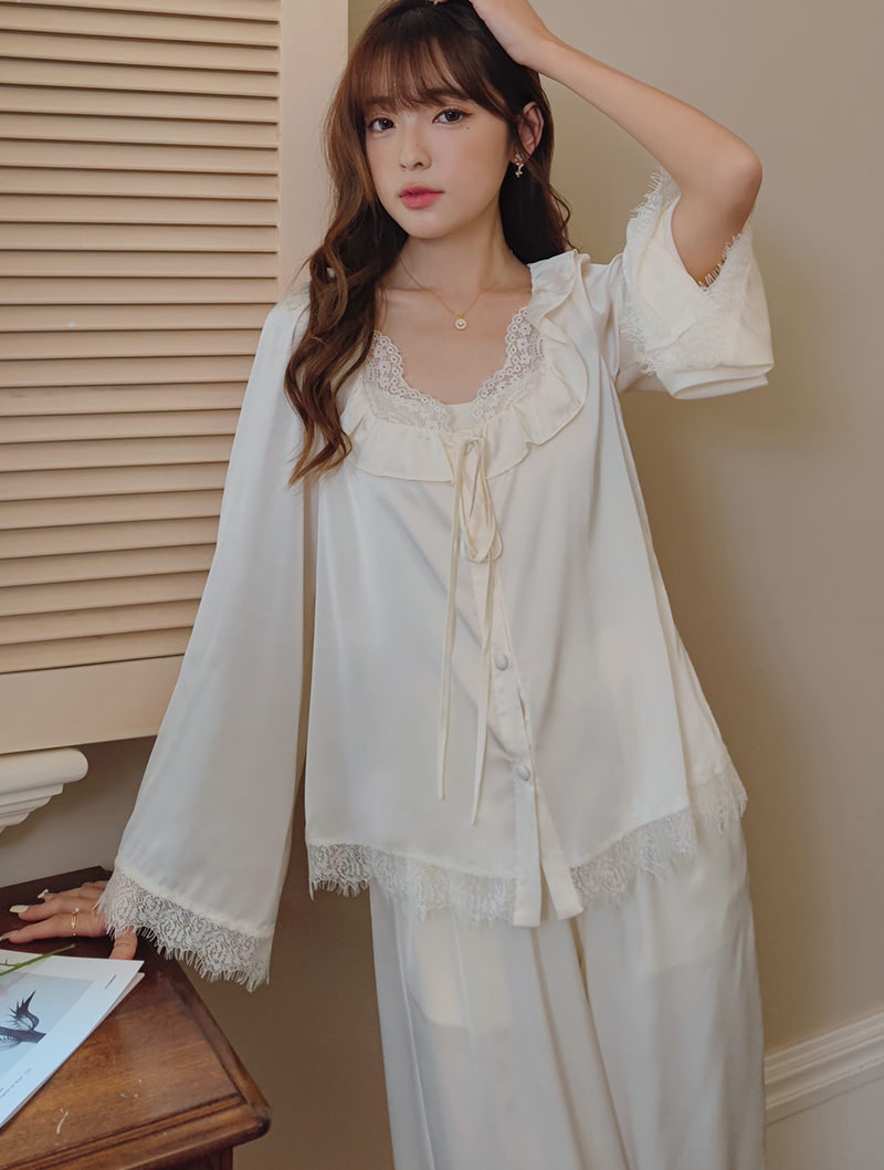 Silk Satin Loose Fit Lace Pajama Set Sweet Princess Style Sleepwear04