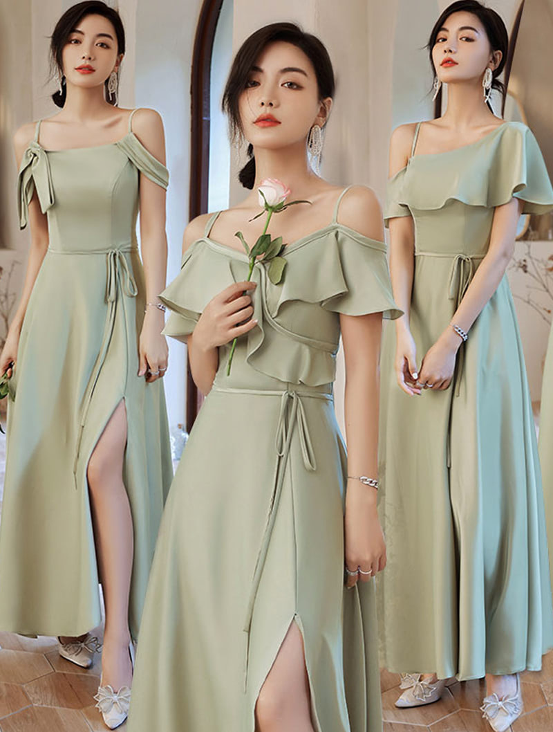 Simple Olive Green Satin Bridesmaid Dress Beach Wedding Guest Outfit01