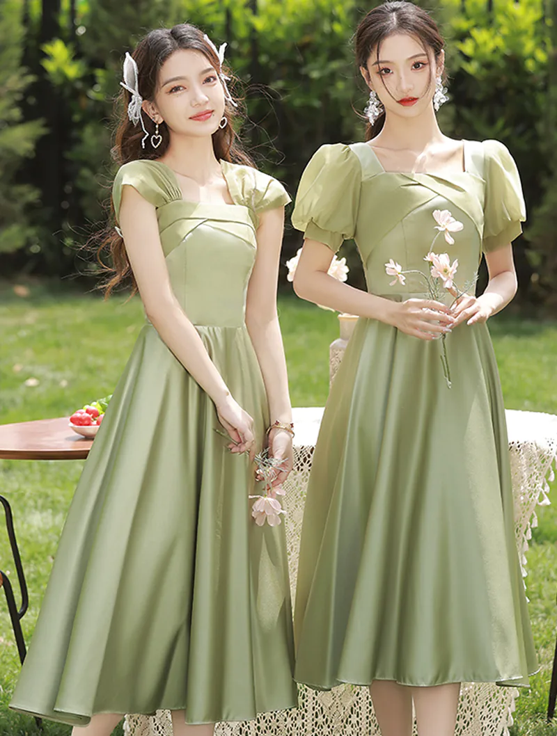 Simple Short Sleeve Green Satin Bridesmaid Party Homecoming Dress01