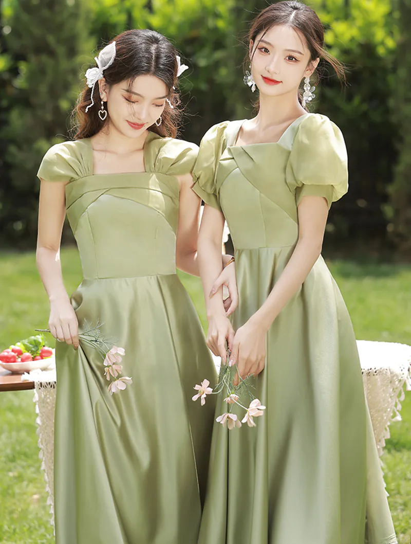 Simple Short Sleeve Green Satin Bridesmaid Party Homecoming Dress02