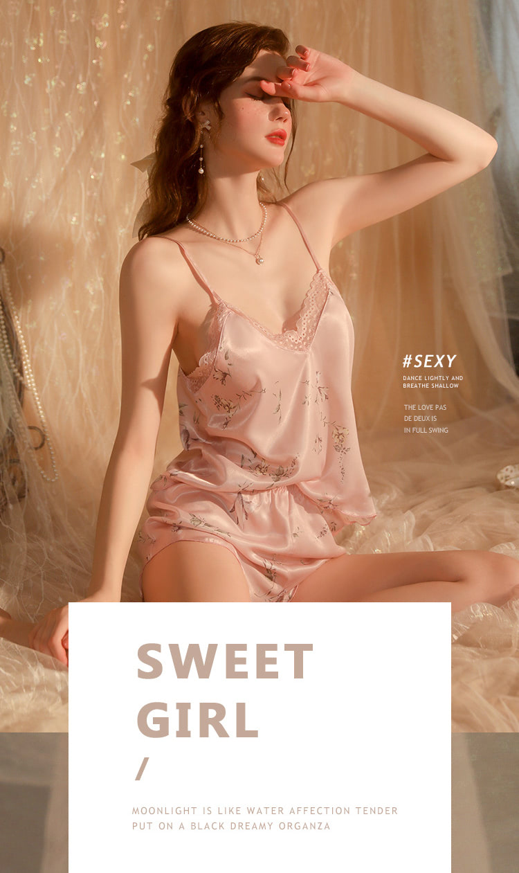 Soft Lace Satin Slip Dress Short Pants Home Casual Pajama Set09