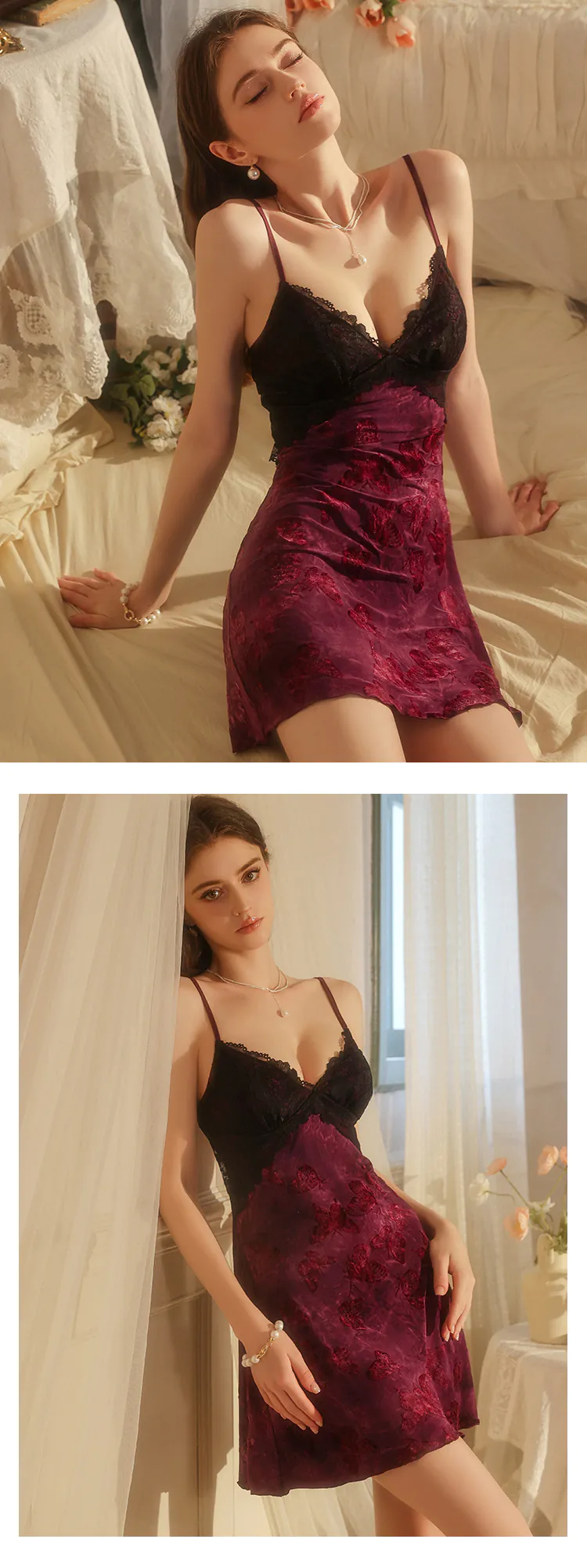 Soft-Velvet-Deep-V-Backless-Butterfly-Lace-Fall-Winter-Slip-Nightdress15