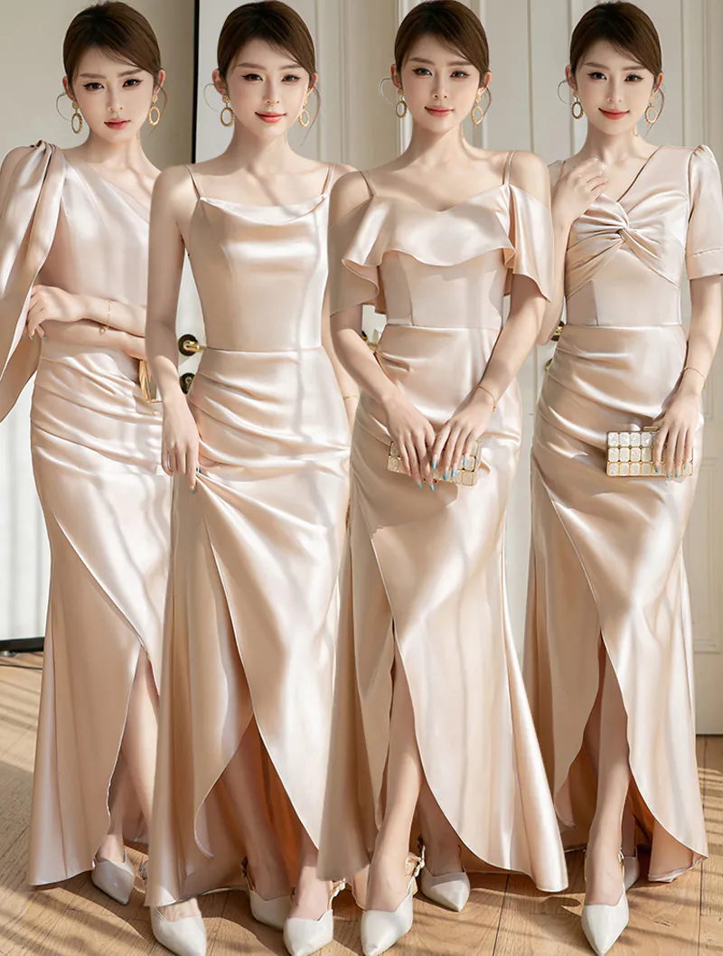 Sweet Champagne Satin Bridesmaid Slit Dress Evening Party Gown01