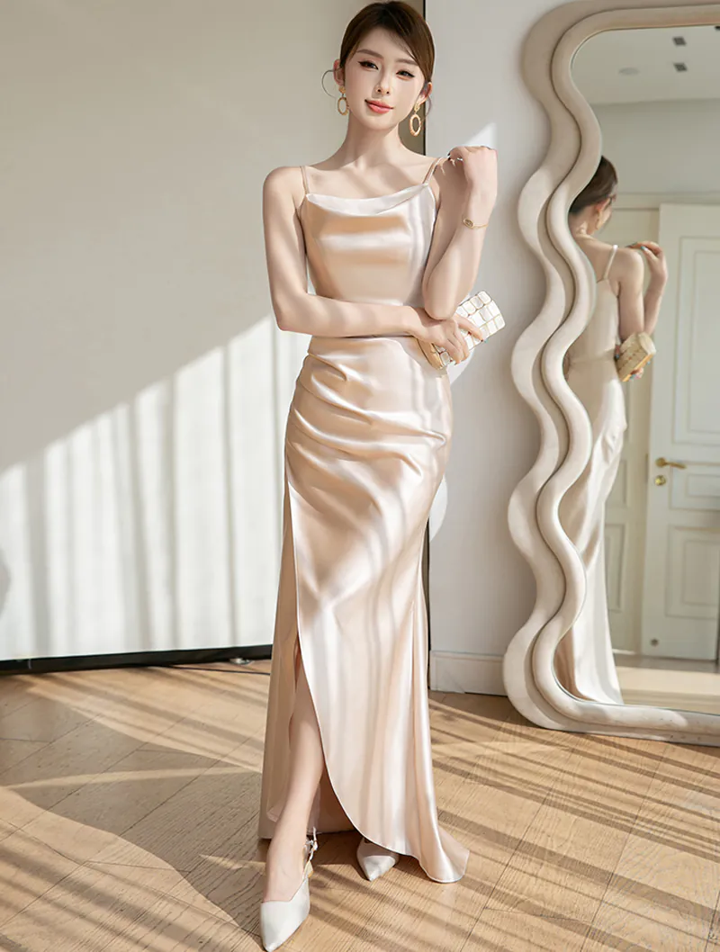 Sweet Champagne Satin Bridesmaid Slit Dress Evening Party Gown02