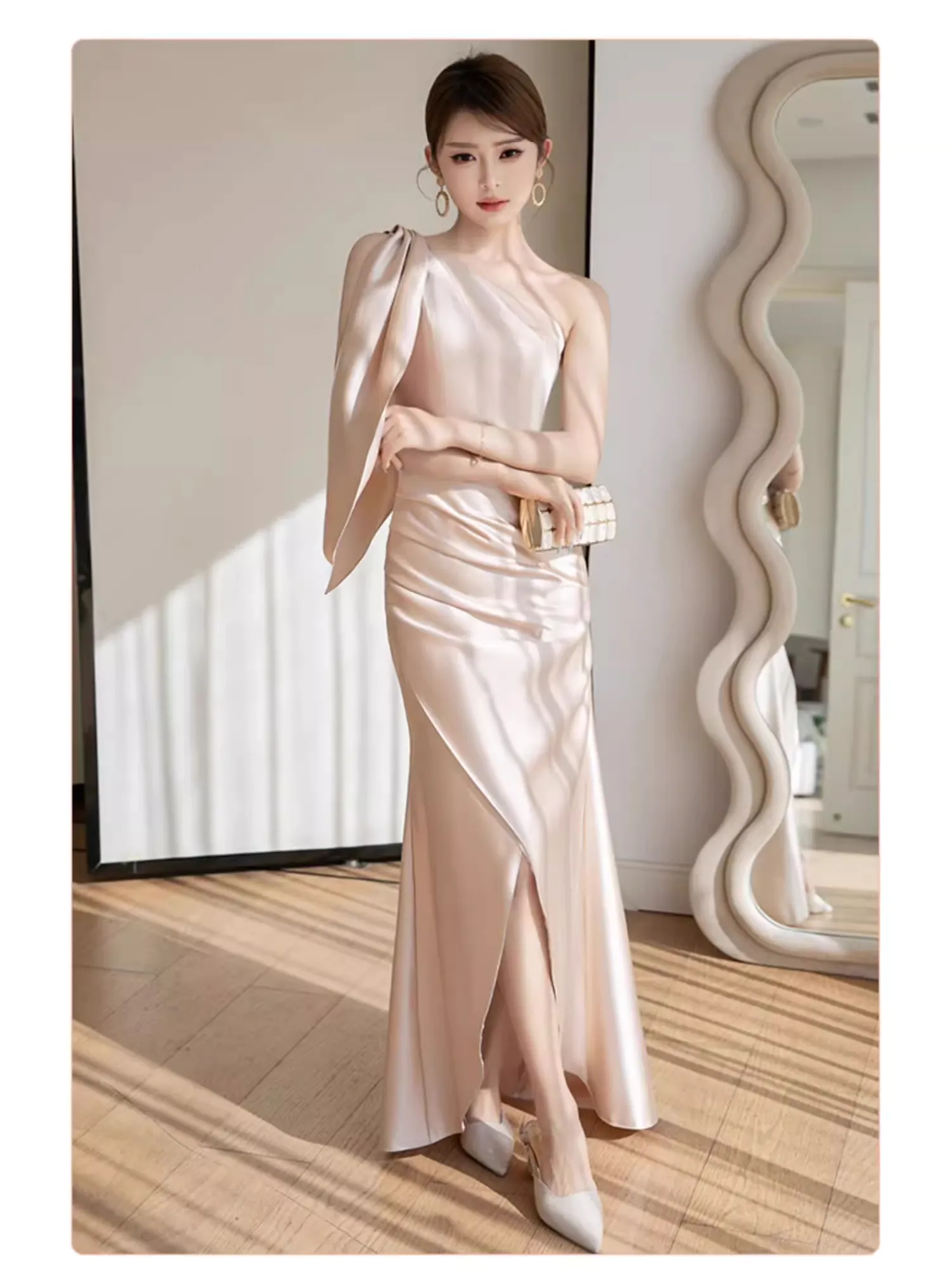 Sweet-Champagne-Satin-Bridesmaid-Slit-Dress-Evening-Party-Gown19