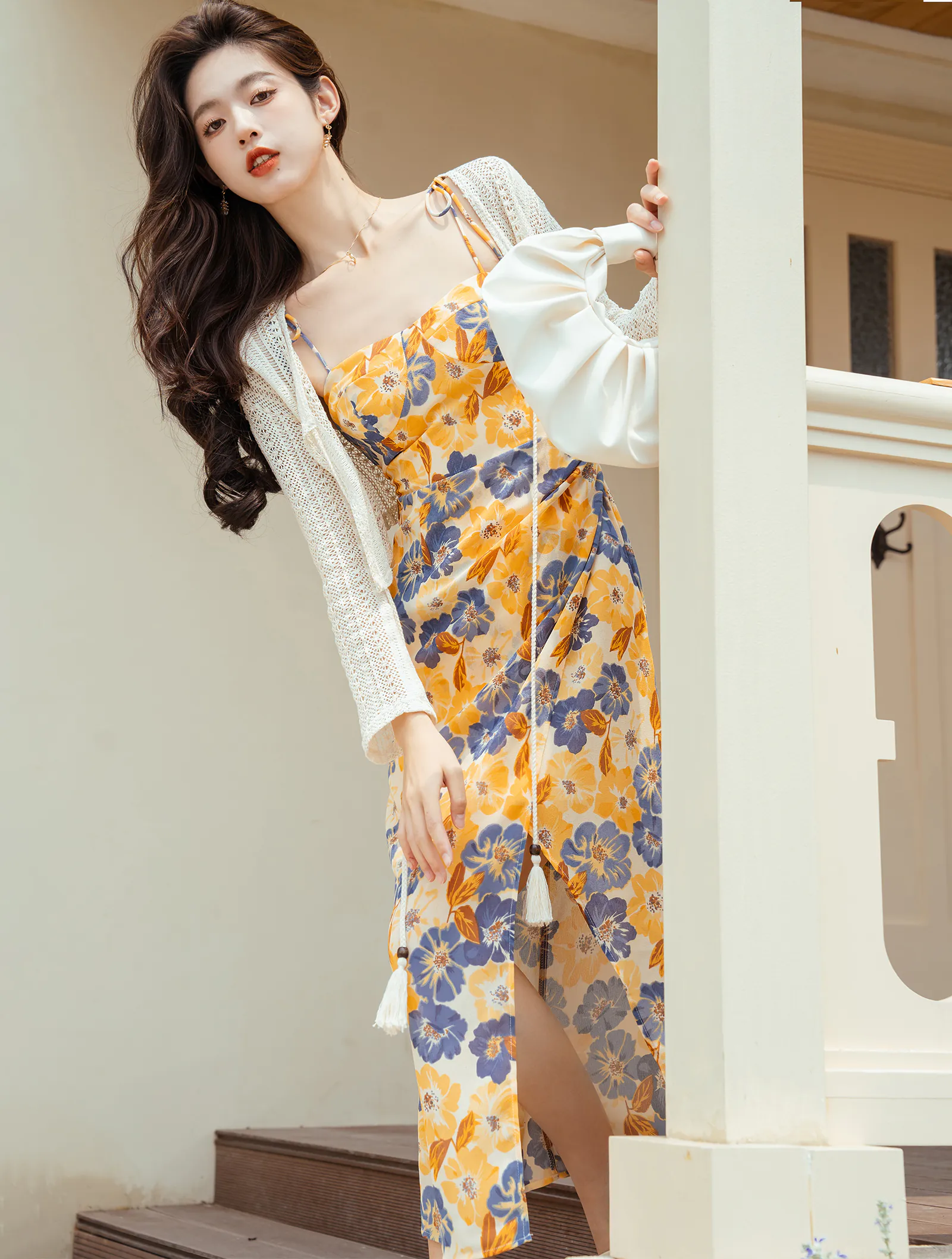 Sweet Floral Printed Yellow Summer Beach Slip Dress with Knit Cardigan01