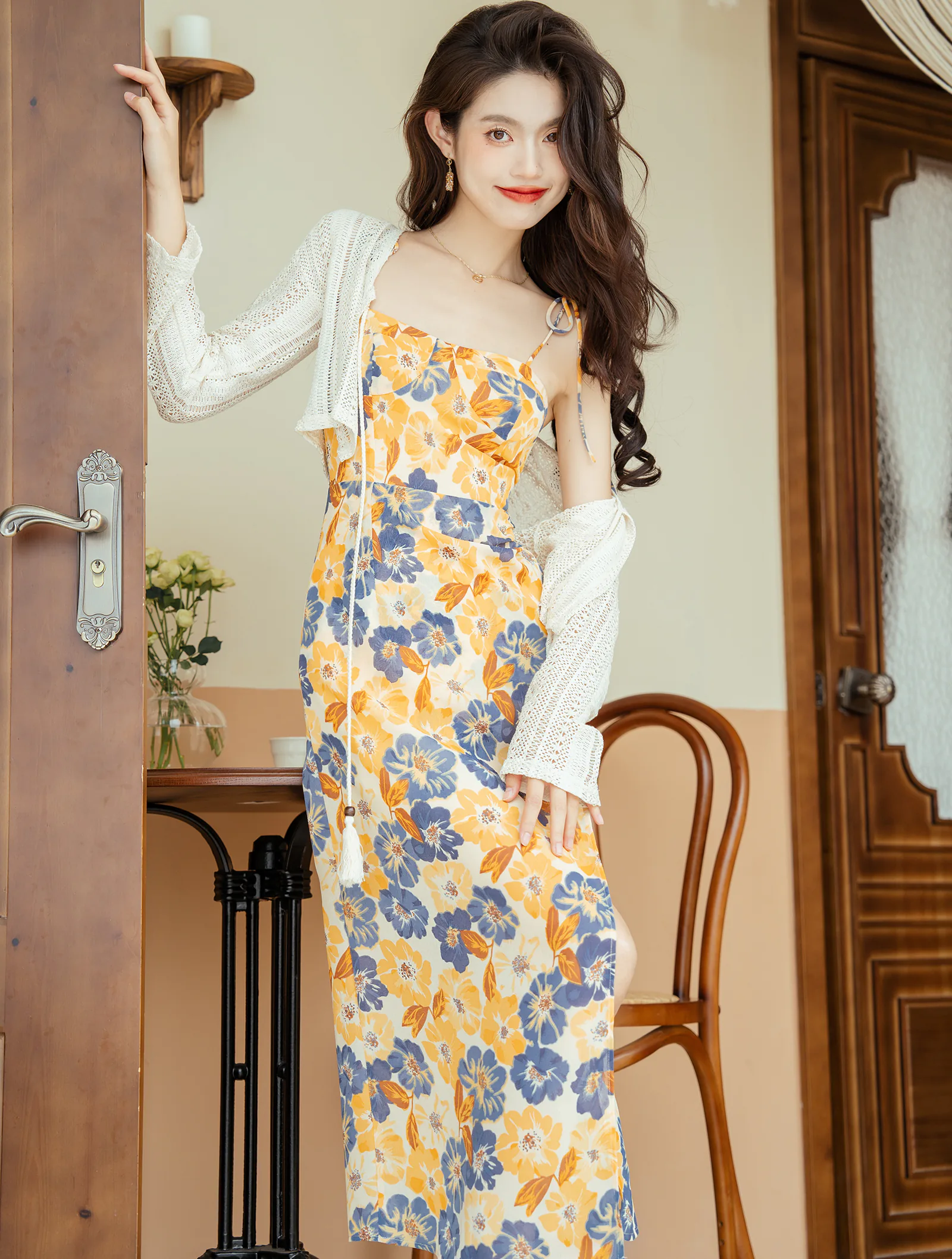 Sweet Floral Printed Yellow Summer Beach Slip Dress with Knit Cardigan04