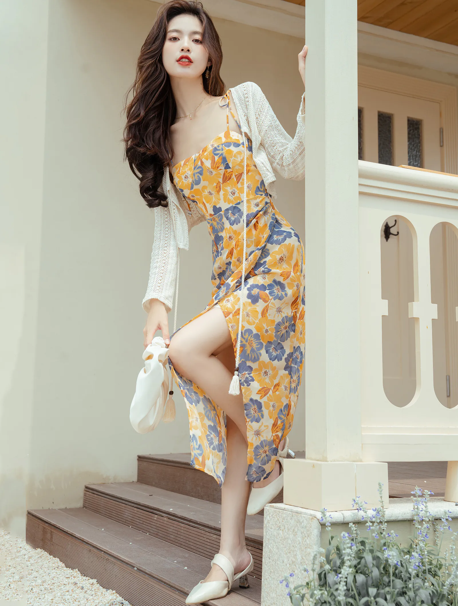 Sweet Floral Printed Yellow Summer Beach Slip Dress with Knit Cardigan05