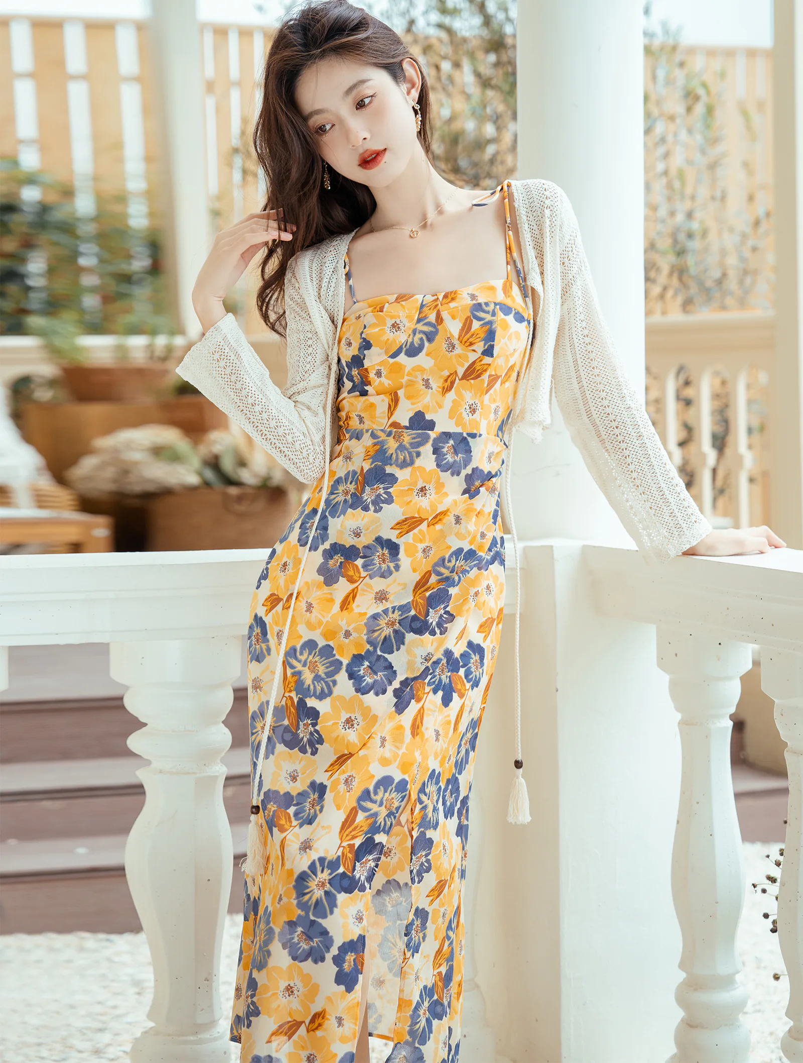 Sweet Floral Printed Yellow Summer Beach Slip Dress with Knit Cardigan06