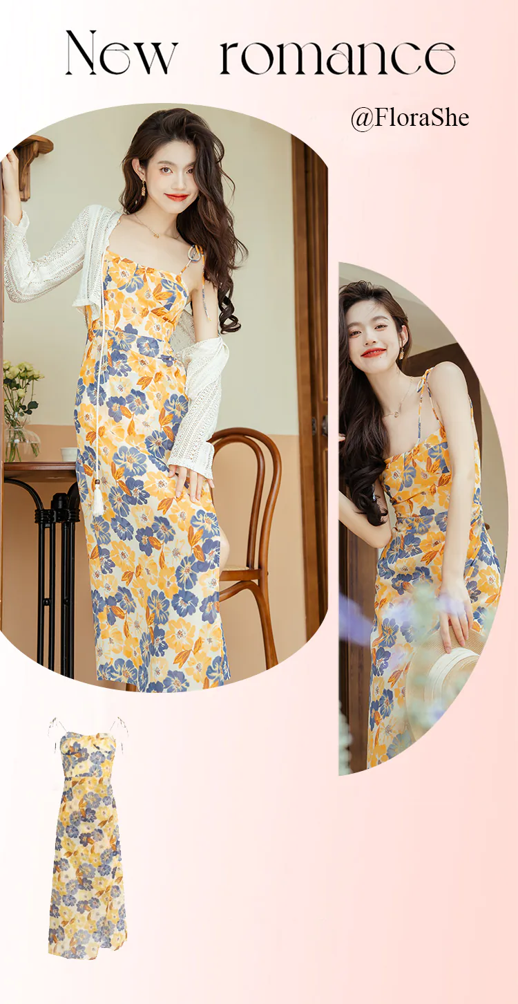 Sweet-Floral-Printed-Yellow-Summer-Beach-Slip-Dress-with-Knit-Cardigan07