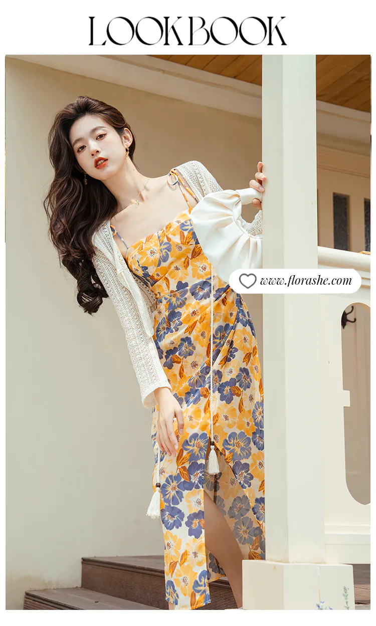 Sweet-Floral-Printed-Yellow-Summer-Beach-Slip-Dress-with-Knit-Cardigan11