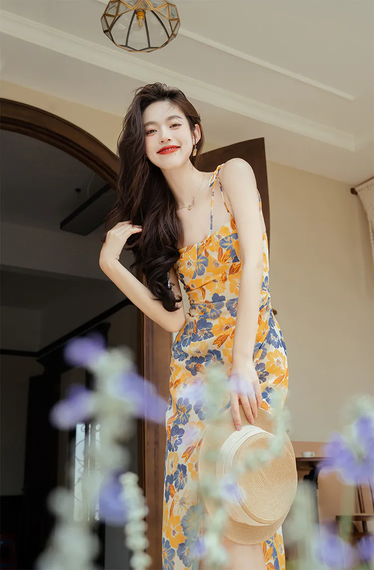 Sweet-Floral-Printed-Yellow-Summer-Beach-Slip-Dress-with-Knit-Cardigan12