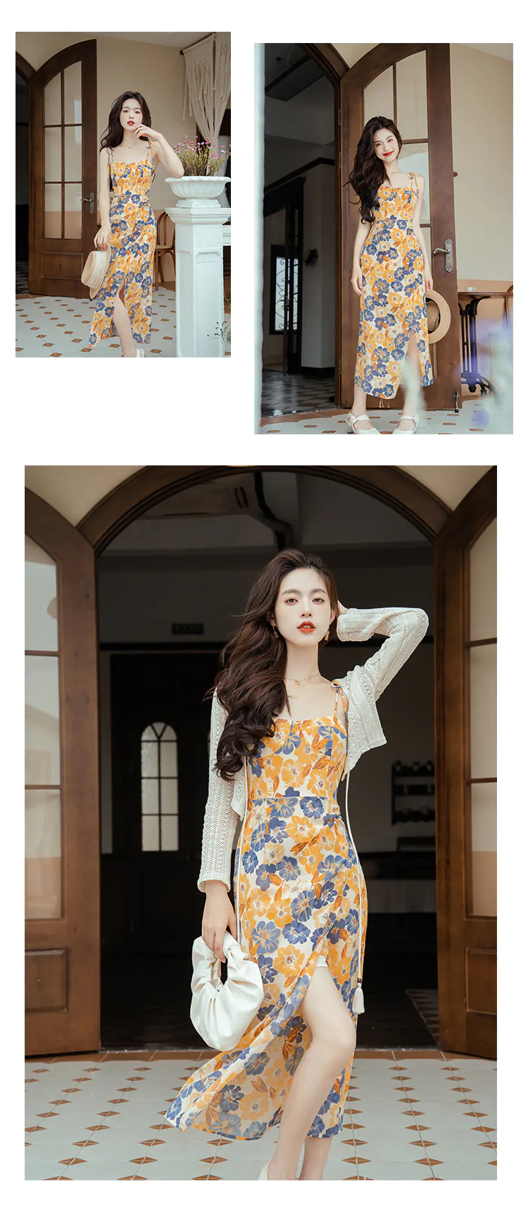 Sweet-Floral-Printed-Yellow-Summer-Beach-Slip-Dress-with-Knit-Cardigan13