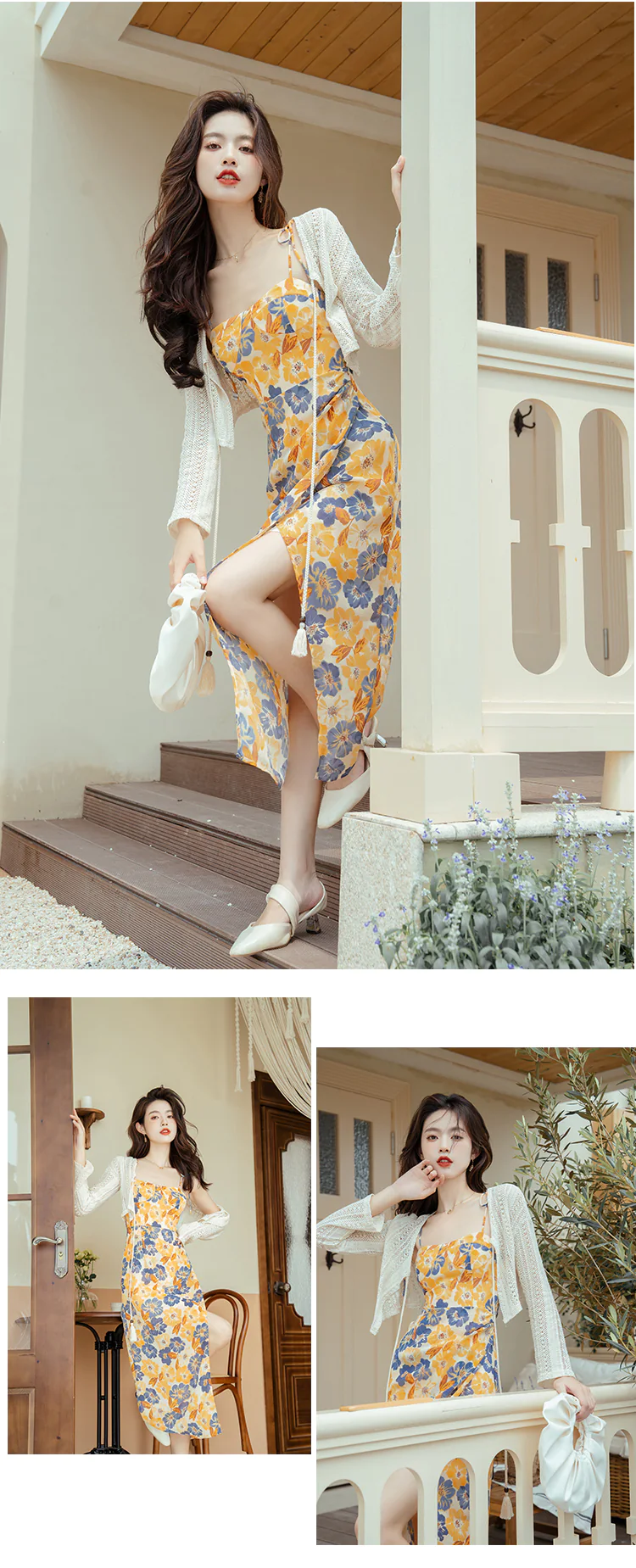 Sweet-Floral-Printed-Yellow-Summer-Beach-Slip-Dress-with-Knit-Cardigan15