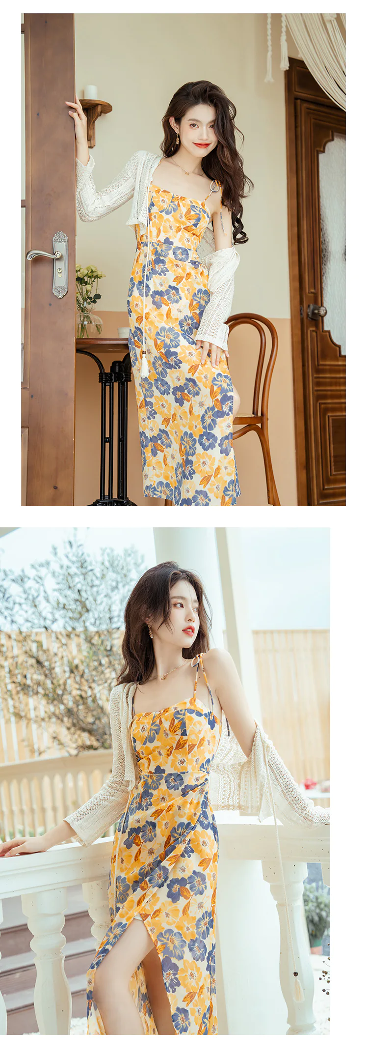 Sweet-Floral-Printed-Yellow-Summer-Beach-Slip-Dress-with-Knit-Cardigan16