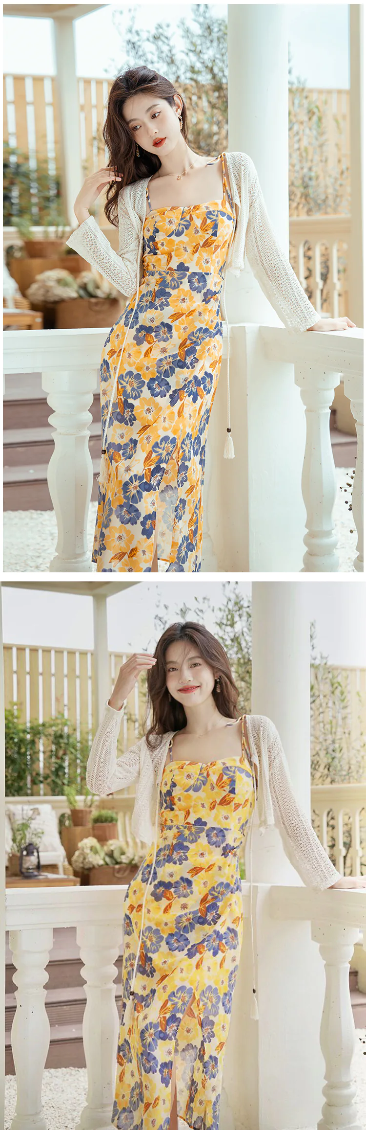 Sweet-Floral-Printed-Yellow-Summer-Beach-Slip-Dress-with-Knit-Cardigan17