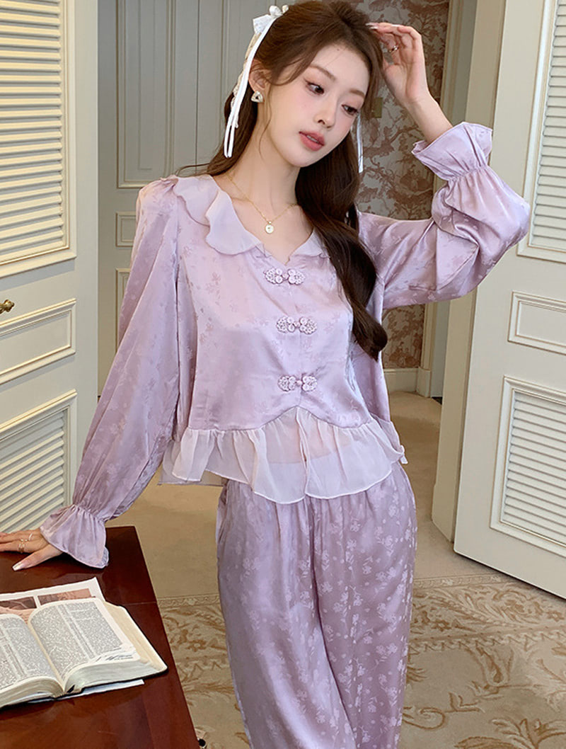 Sweet Ruffle Floral Jacquard Long Sleeve Home Casual Pajama Set02