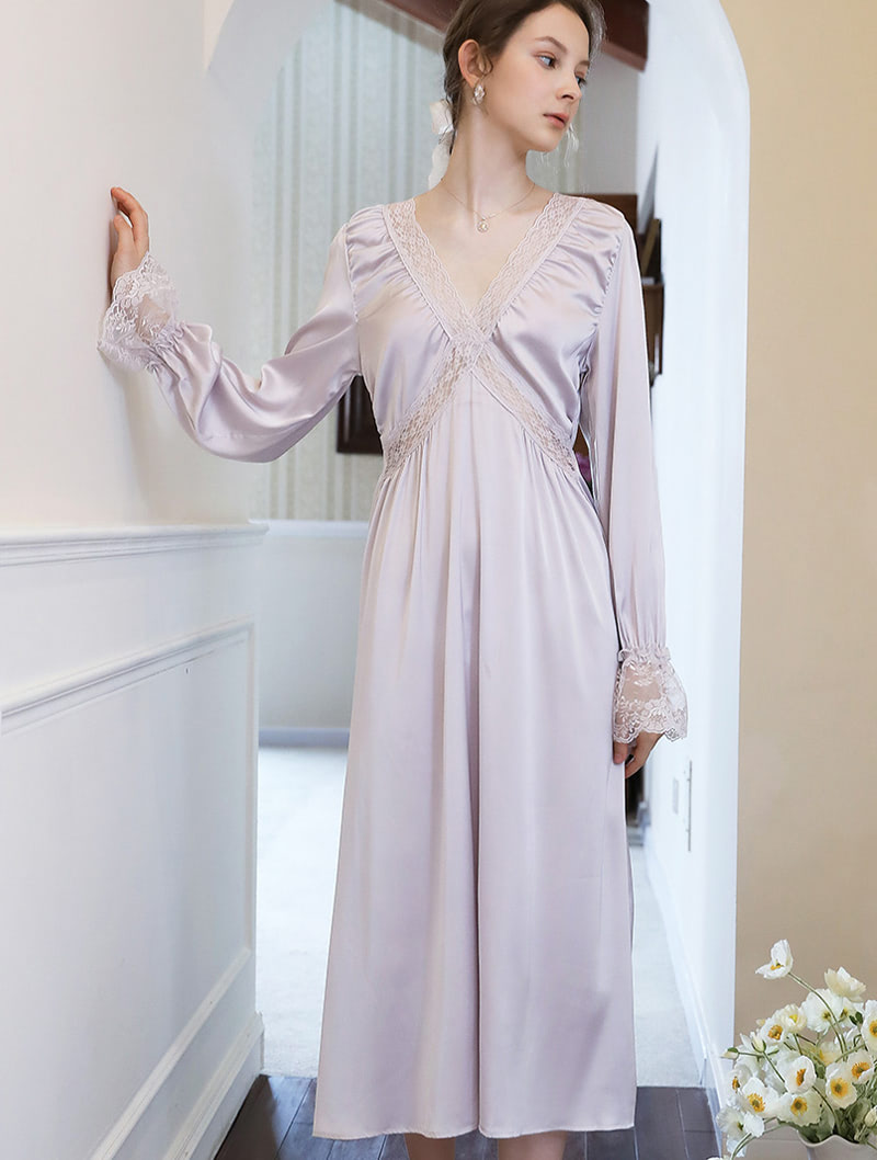 Sweet Satin Sleepwear Elegant V neck Lace Night Robe Dress01