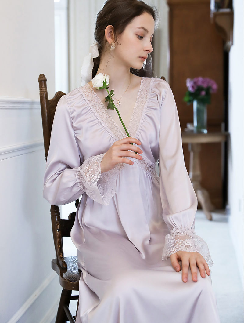 Sweet Satin Sleepwear Elegant V-neck Lace Night Robe Dress02