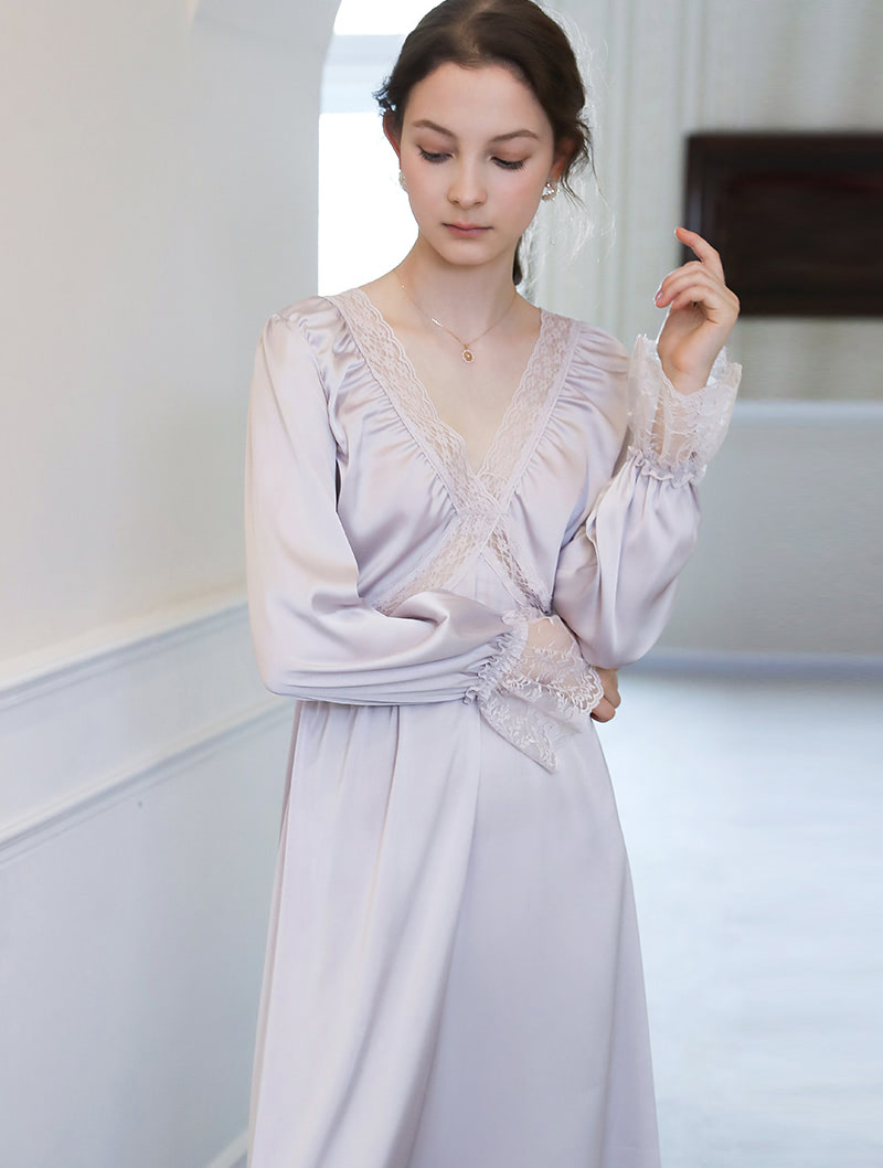 Sweet Satin Sleepwear Elegant V-neck Lace Night Robe Dress01