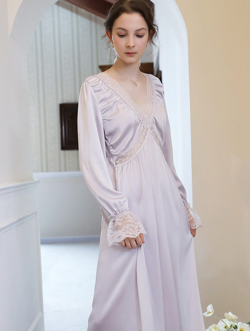 Sweet Satin Sleepwear Elegant V-neck Lace Night Robe Dress04