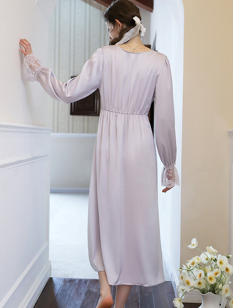 Sweet Satin Sleepwear Elegant V-neck Lace Night Robe Dress01