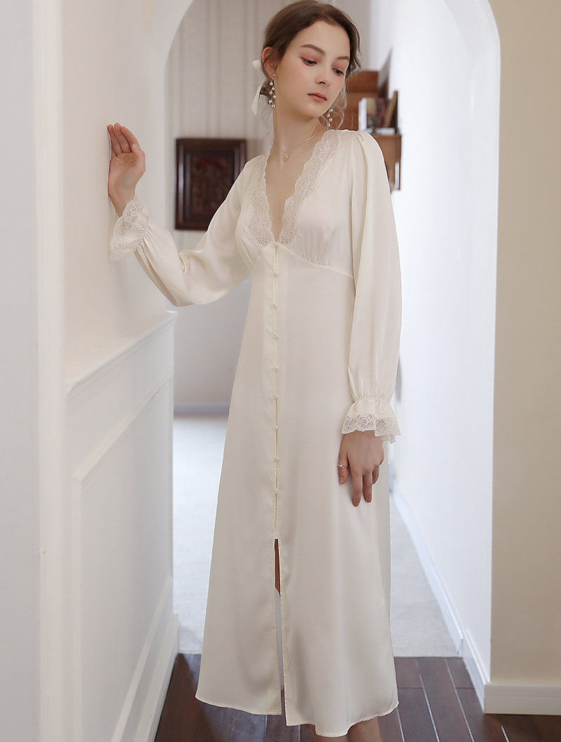 V Neck Sleepwear Long Robe Home Casual Night Dress Outfit01