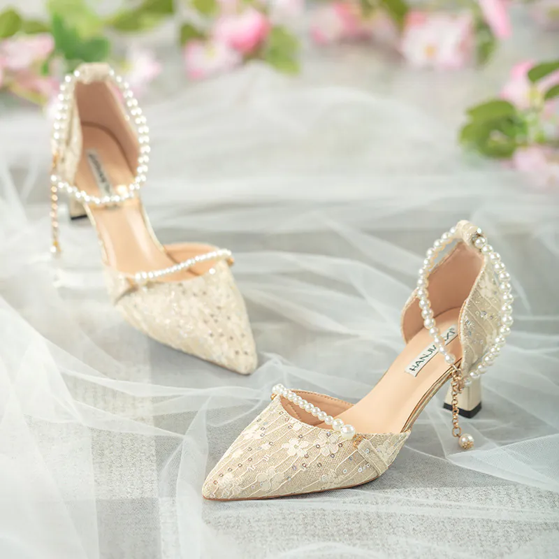 Vintage Champagne Gold Pointed Toe Wedding Party Lace Mid Heel Pump01