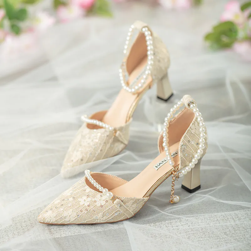 Vintage Champagne Gold Pointed Toe Wedding Party Lace Mid Heel Pump02