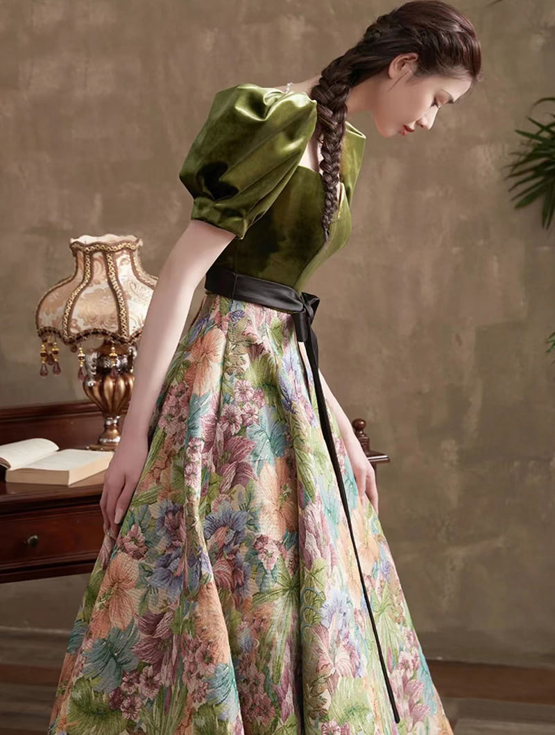 Vintage Floral Oil Painting Prom Party Gown Long Evening Dress03