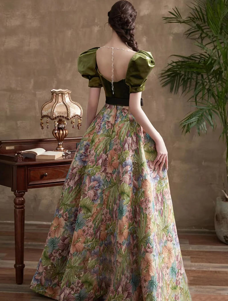 Vintage Floral Oil Painting Prom Party Gown Long Evening Dress05