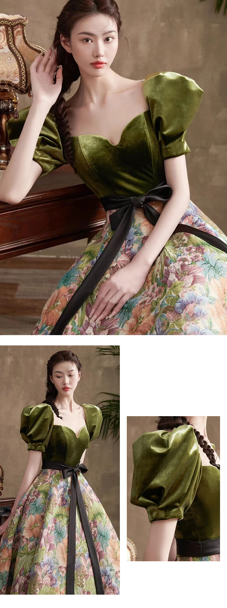 Vintage Floral Oil Painting Prom Party Gown Long Evening Dress10