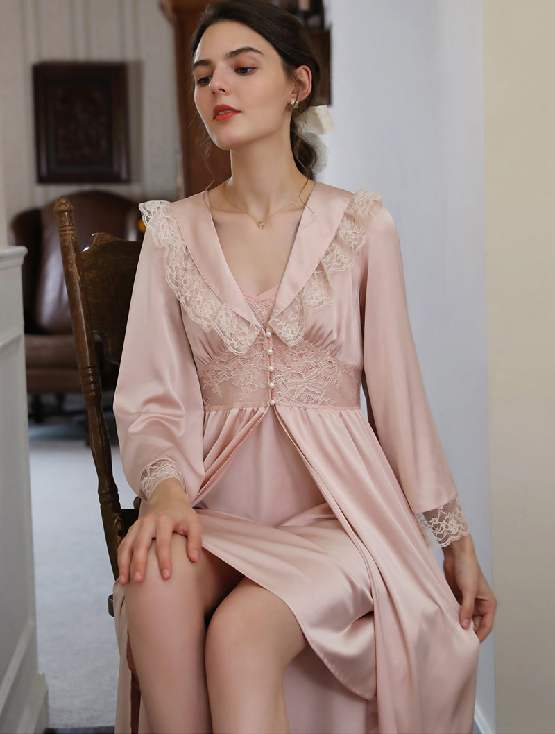 Vintage Lace Slip Dress Satin Robe Sleepwear Home Casual Outift01
