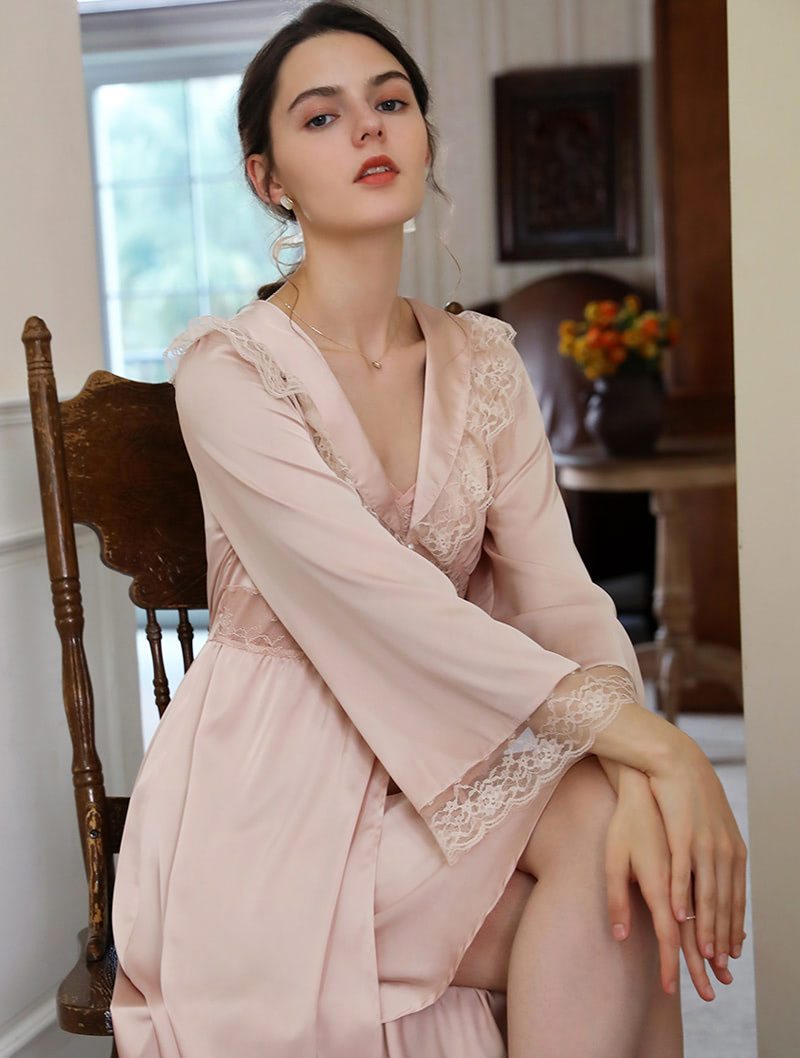 Vintage Lace Slip Dress Satin Robe Sleepwear Home Casual Outift02
