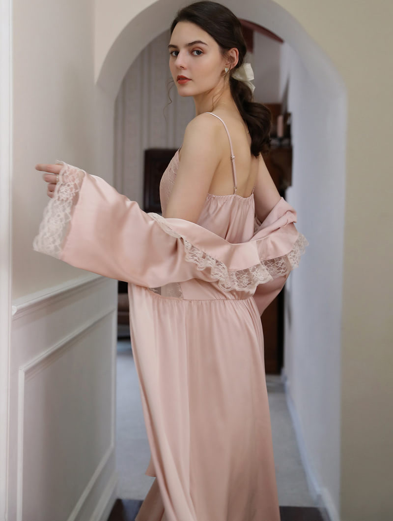 Vintage Lace Slip Dress Satin Robe Sleepwear Home Casual Outift05