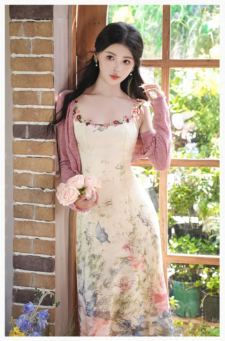 Womens-Floral-Print-Slip-Dress-with-Pink-Stretch-Knit-Cardigan-Set12