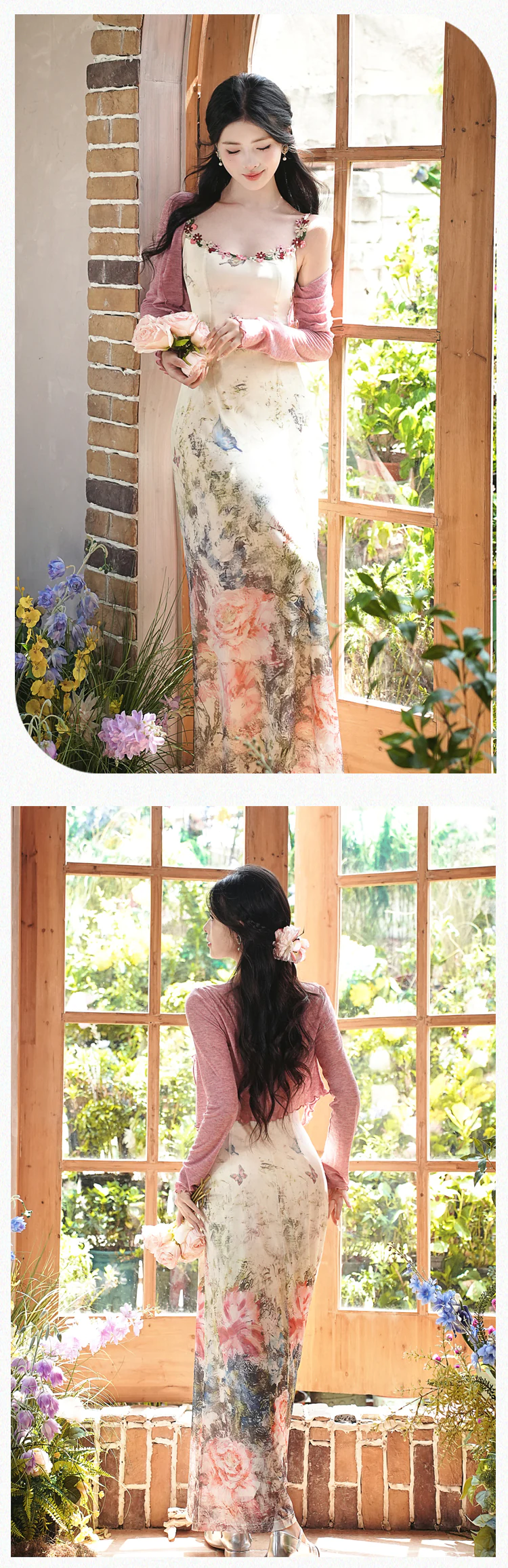 Womens-Floral-Print-Slip-Dress-with-Pink-Stretch-Knit-Cardigan-Set13