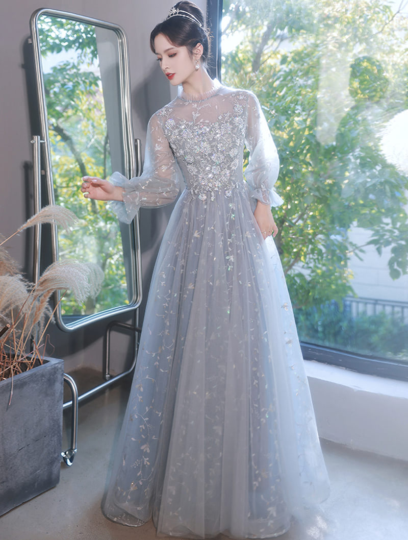 A Line Fairy Long Sleeve Chiffon Formal Gray Evening Prom Dress01