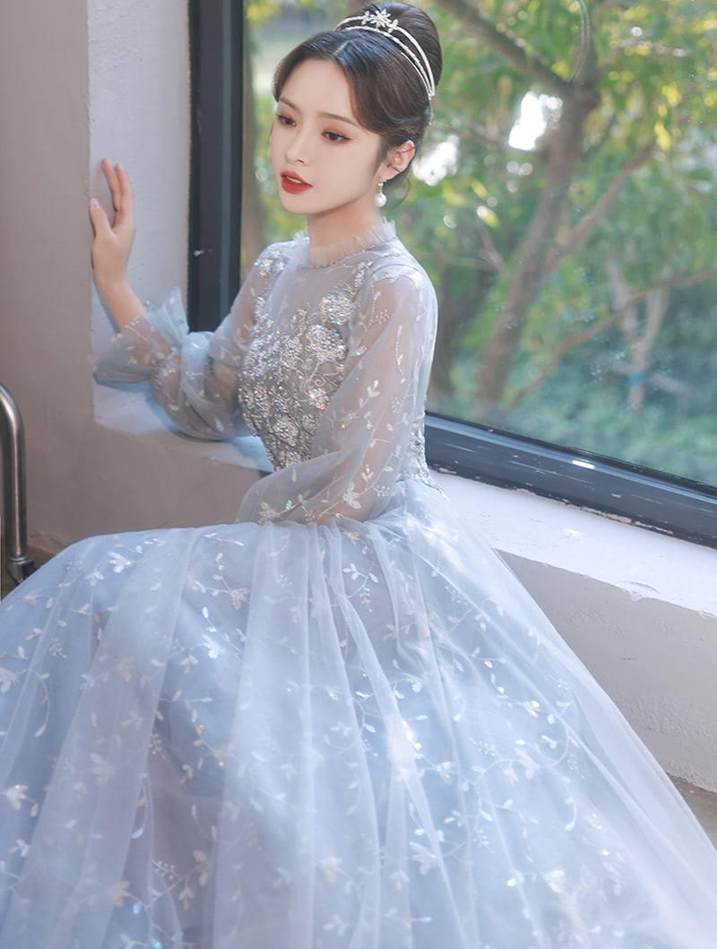 A Line Fairy Long Sleeve Chiffon Formal Gray Evening Prom Dress02