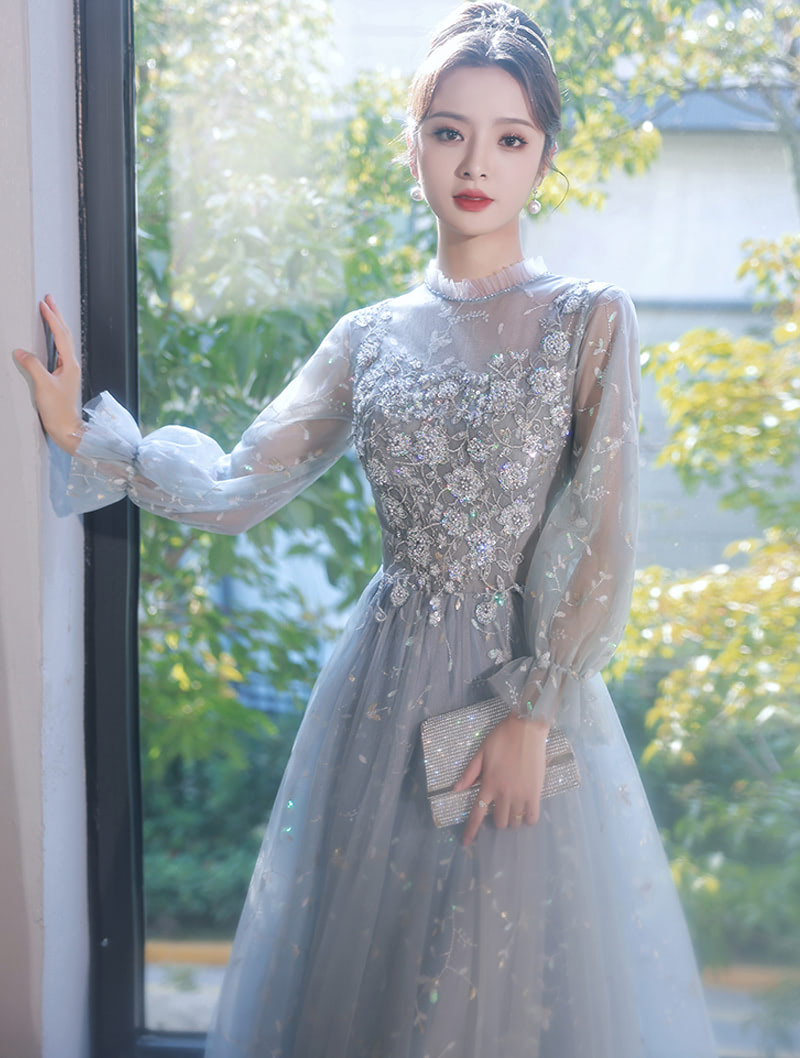 A Line Fairy Long Sleeve Chiffon Formal Gray Evening Prom Dress03