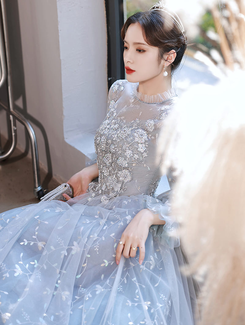 A Line Fairy Long Sleeve Chiffon Formal Gray Evening Prom Dress04