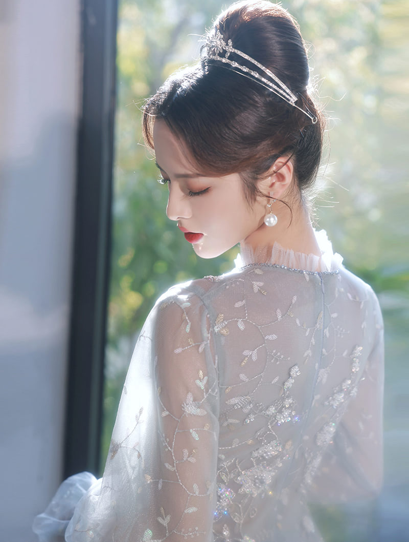 A Line Fairy Long Sleeve Chiffon Formal Gray Evening Prom Dress05