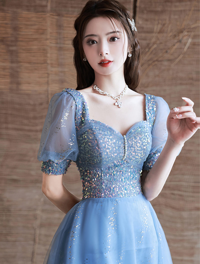 A Line Full Length Trendy Short Sleeve Blue Prom Long Dress01