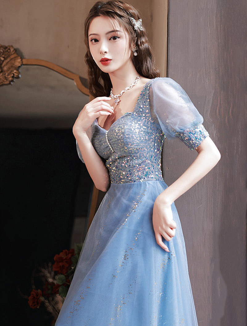A Line Full Length Trendy Short Sleeve Blue Prom Long Dress04
