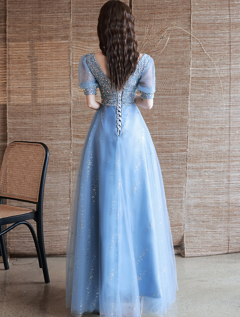 A Line Full Length Trendy Short Sleeve Blue Prom Long Dress05