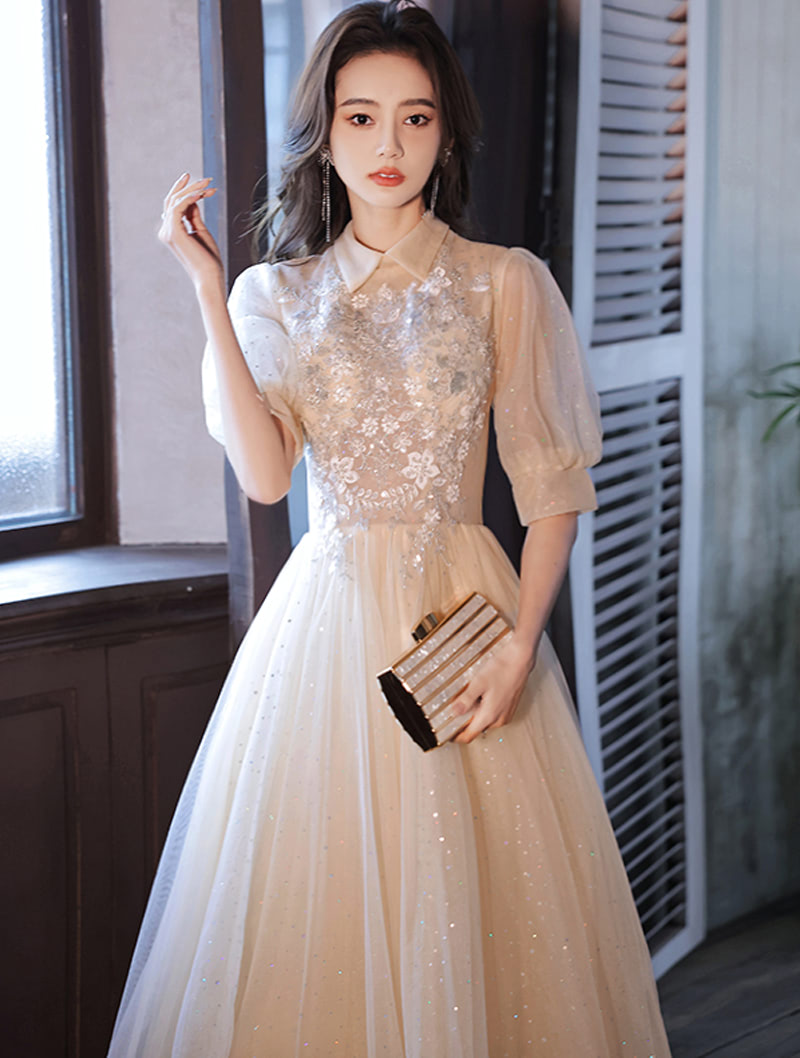 Beautiful Champagne Embroidery Floral Formal Party Evening Dress03