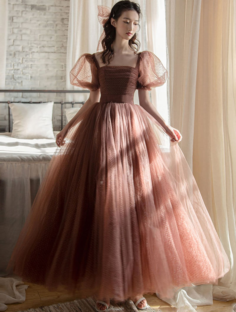 Charming Brown Tulle Ball Gown Elegant Party Wear Maxi Dress01
