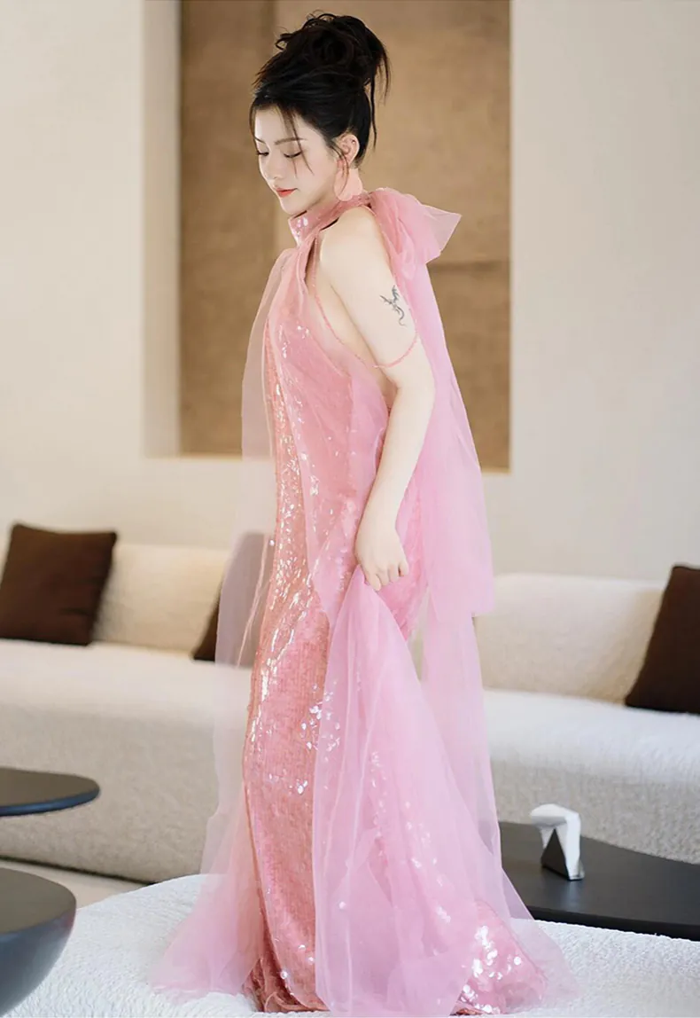 Chic-Pink-Sequin-Halter-Tulle-Evening-Dress-with-Train-and-Sheer-Overlay14