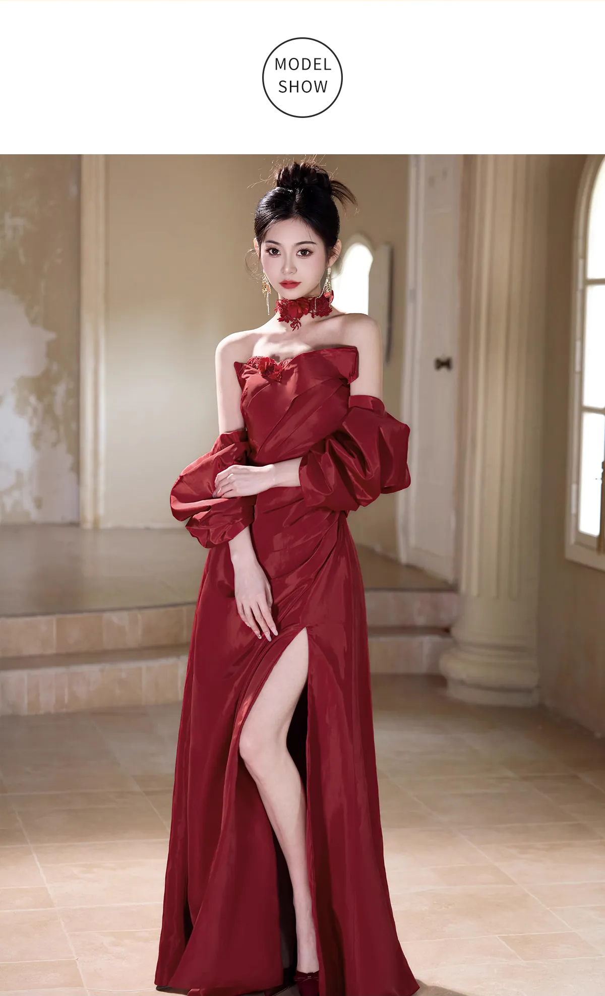 Classy-Deep-Red-Off-Shoulder-Strapless-Puff-Sleeves-High-Slit-Formal-Gown11